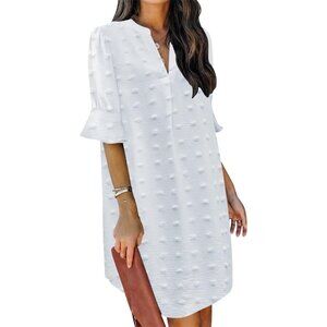 Women White 100% Polyester V-Neck Loose Fit Short Sleeve Knee Length Shift Dress